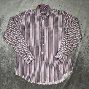 Thomas Dean TD Red Multi-Color Striped Flip-Cuff LS Button Down Shirt Mens Large